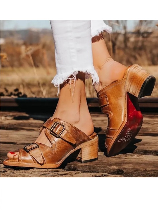 freebird Shoes - Women’s Tan Leather Buckle Slide Heeled Sandals